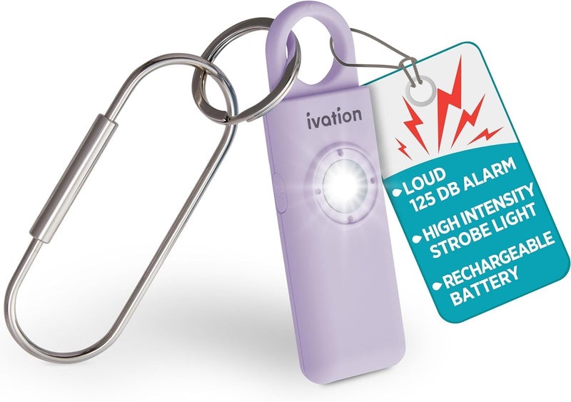 Ivation Personal Rechargeable SOS Alarm, Pocket Size Loud 130dB Sound Safety Siren & LED Panic Strobe Light with Carabiner Keychain Clip for Women, Children & Seniors, Lavender - Image 1